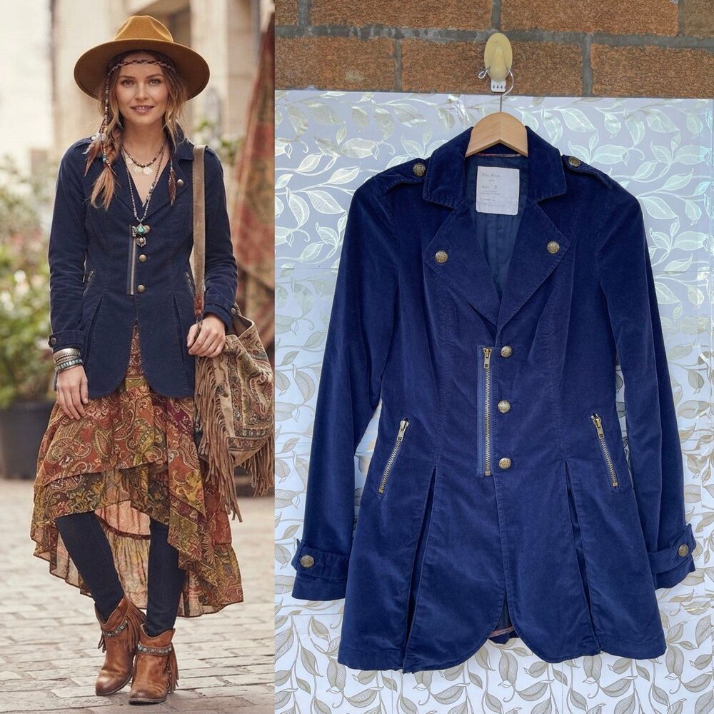 Free People Blue Velvet Peplum Jacket Size 2 Vintage Military Blazer